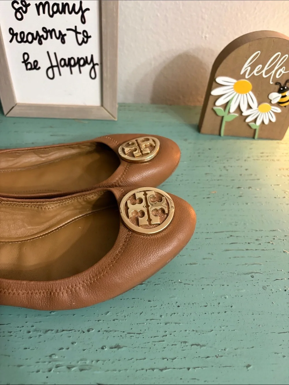 Tory Burch Tan Leather Ballet Flats with Gold Logo Medallion